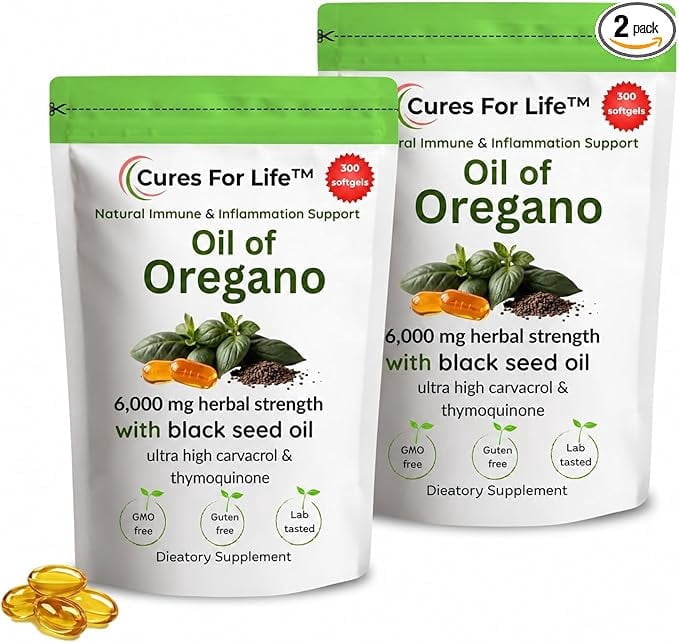Oil of Oregano Softgels 300 Softgels (Pack of 2)  6000mg High Potency with 165mg Carvacrol & 200mg Black Seed Oil – 2-in-1 Immune Support & Digestive Health – 600 Softgels