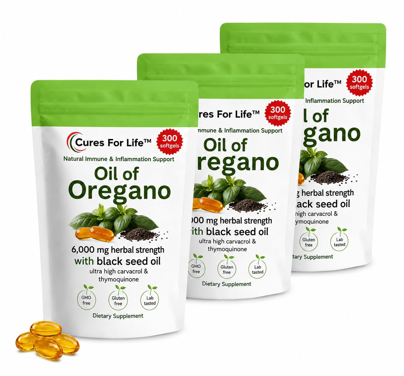 Oil of Oregano Softgels 300 Softgels (Pack of 3)  6000mg High Potency with 165mg Carvacrol & 200mg Black Seed Oil – 2-in-1 Immune Support & Digestive Health – 900 Softgels