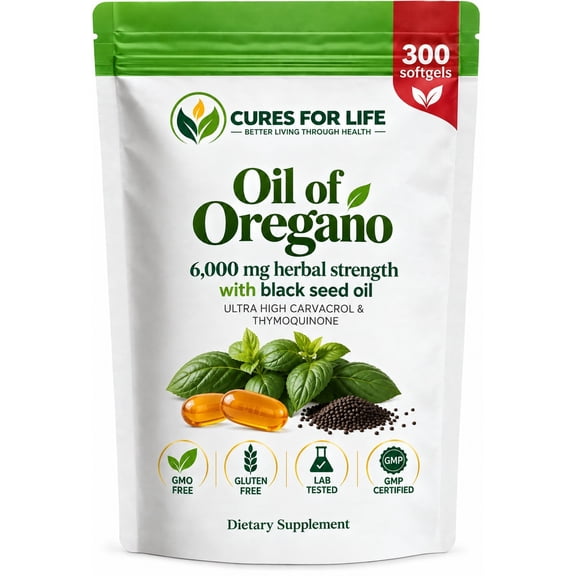 Cures For Life Oil of Oregano with Black Seed Oil, Oregano Oil Supplement, 300 Softgels