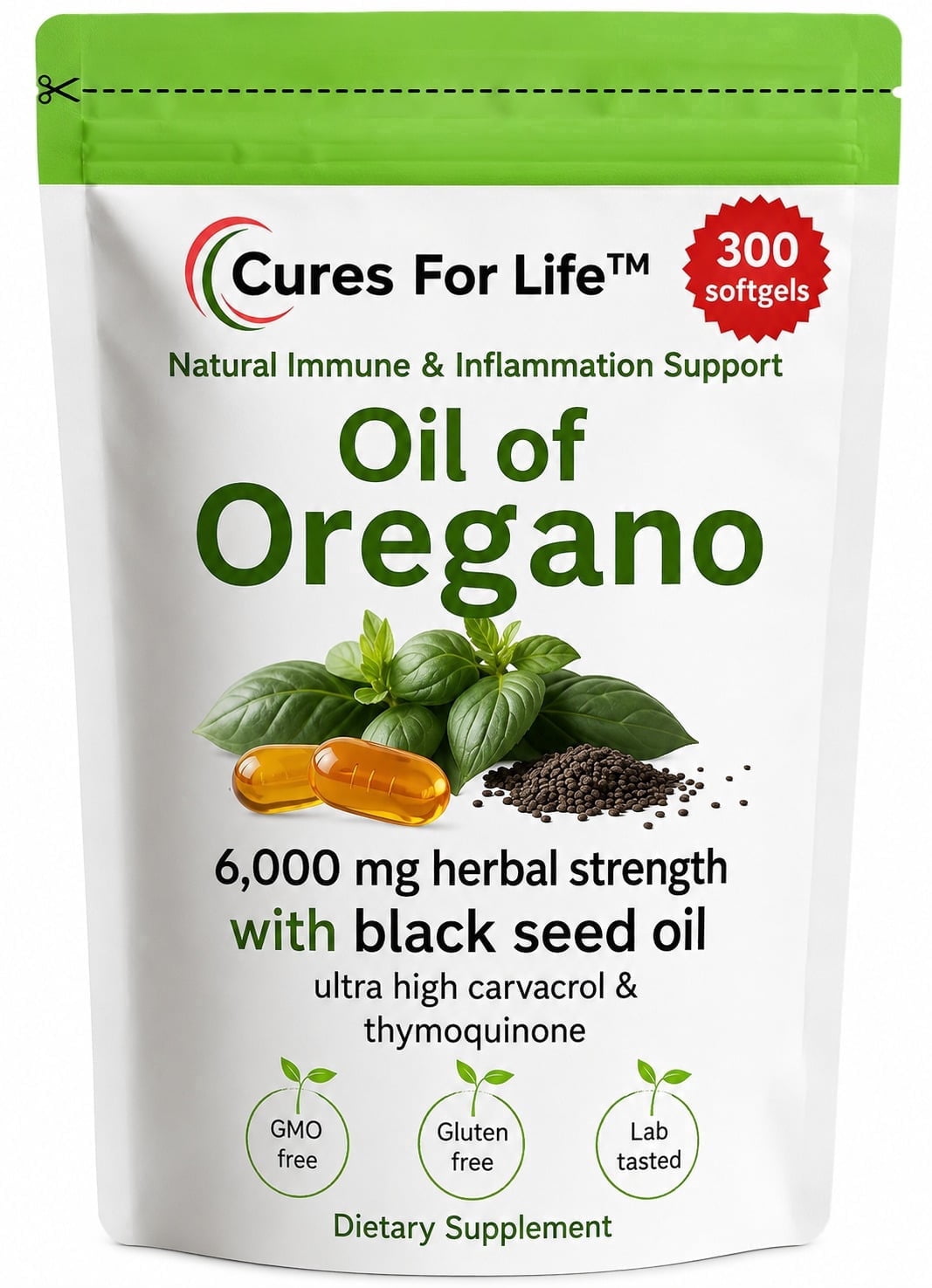 Oil of Oregano Softgels – 6000mg High Potency with 165mg Carvacrol & 200mg Black Seed Oil – 2-in-1 Immune Support & Digestive Health – 300 Softgels – Oregano Oil Capsules Supplement
