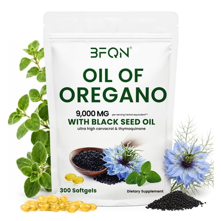 Oil of Oregano Softgels 9000mg Per Serving, 300 Count | 2 in 1 Formulated with Black Seed Oil 200mg, 4X Strength Carvacrol & Thymoquinone | Plant Based, Non-GMO & Immune Support