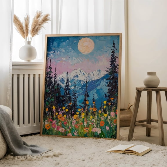 Oil Paint Full Moon With Wildflowers,Celestial Moon Poster,Gloomy Moody Art,Night Art,İmpasto Style Moon,Boho Moon Posters,Celestial Posters1, 16x24 UNFRAMED
