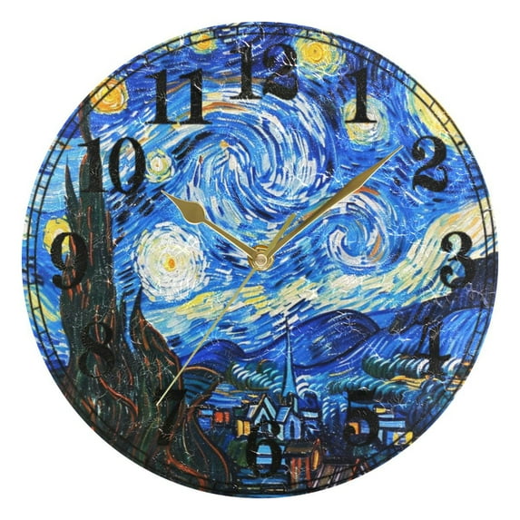 Oil Paint Starry Night Pattern Silent Wall Clock 10" Non-Ticking Battery Clock