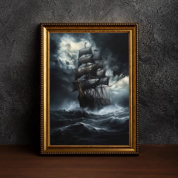 Oil Paint Stormy Sea Ship Coastal Ocean Aesthetic Dark Academia Distinctive Portrait Decor