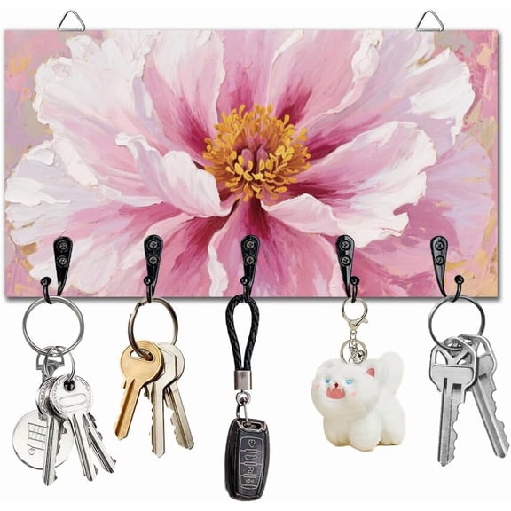 Oil Painted Flowers Key Holder Wall Mounted Display Wooden Key Racks with 5 Metal Hooks Keys Hanger Storage Organizer for Wall Decorative Door Entryway Hallway Kitchen New Home Gift Colorful