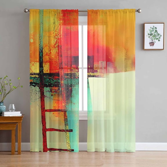 Oil Painted Sheer Curtains 96 Inch Length 2 Panels Set for Living Room/Bedroom, Abstract Aesthetics Geometric Modern Semi Curtain Sheers Drapes Rod Pocket Curtains Window Treatment Set 52''x96''x2