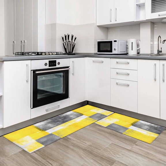 Oil Painted Yellow Grey 2 Pieces Non-Slip Kitchen Mat Set Modern Artwork Geometric Soft Door Mat with Rubber Backing,Dirtproof Rugs for Entrance Doorway 18x30in+18x48in