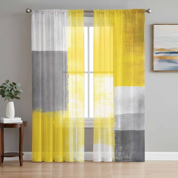 Oil Painted Yellow Grey Sheer Curtains 84 Inch Length 2 Panels Set, Artwork Geometric Modern Abstract Window Treatment Rod Pocket Curtains Sheers Drapes for Bedroom/Living Room/Kitchen 52"x84"x2