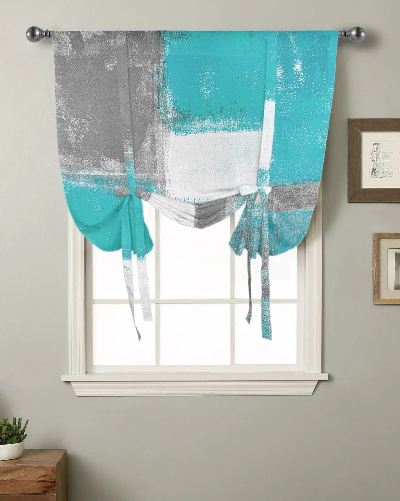 Oil Painting Abstract Geometric Aqua Blue Kitchen Short Window Curtain ...