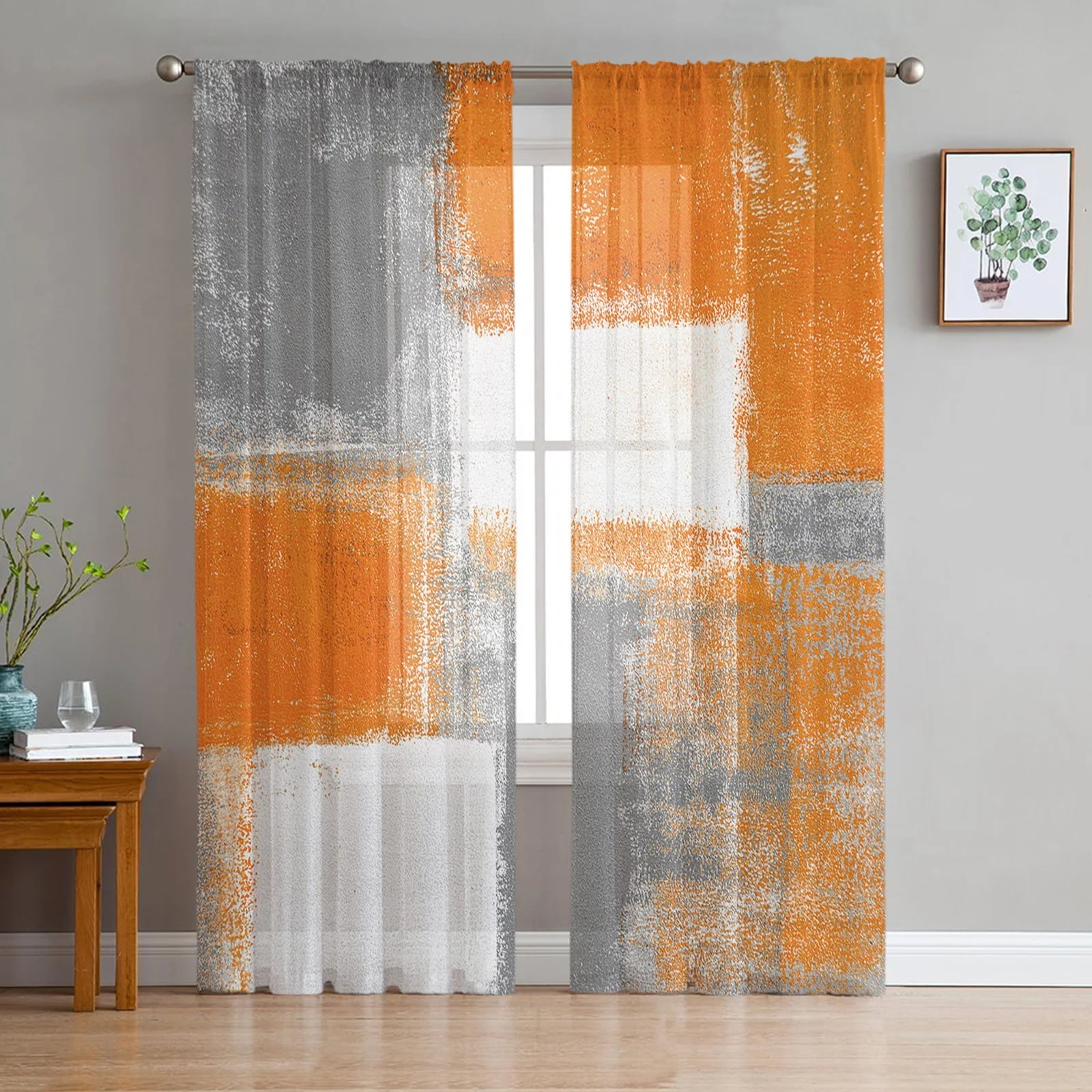 Oil Painting Abstract Geometric Orange Gray Tulle Curtains Living Room