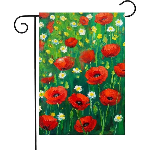 Oil Painting Abstract Poppy Meadow Red Flowers Spring Summer Garden Yard Flag 12"x 18" Double Sided Polyester Welcome House Flag Banners for Patio Lawn Outdoor Home Decor