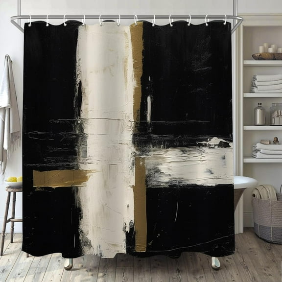 Oil Painting Abstract Shower Curtain for Bathroom, Black White Brown Rectangle Boho Shower Curtain Set, Brush Strokes Fabric Modern Waterproof Bathroom Decor with 12 Hooks 72"W x 72"L