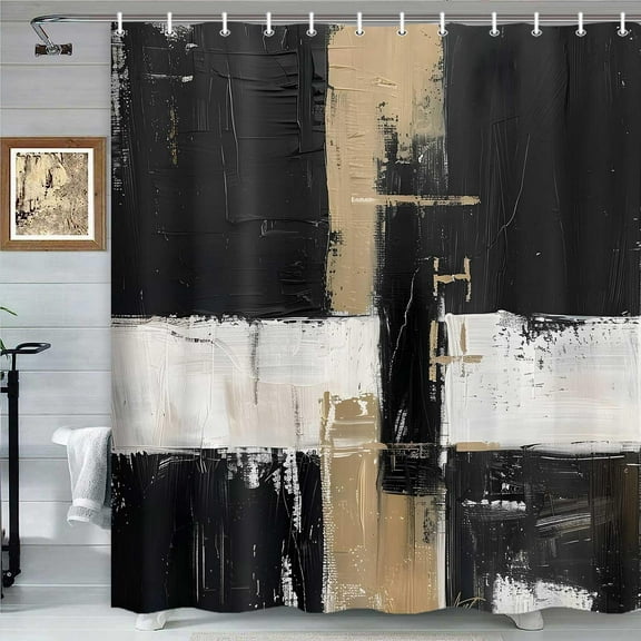 Oil Painting Abstract Shower Curtain, Boho Black White Brown Rectangle Decor Bath Curtains Set, Modern Painting Brushstrokes Fabric Waterproof Bathroom Decor with 12 Hooks 72x72in