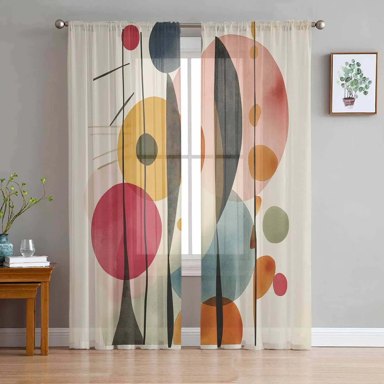 Oil Painting Abstract Vintage Geometric Voile Curtains for Living Room