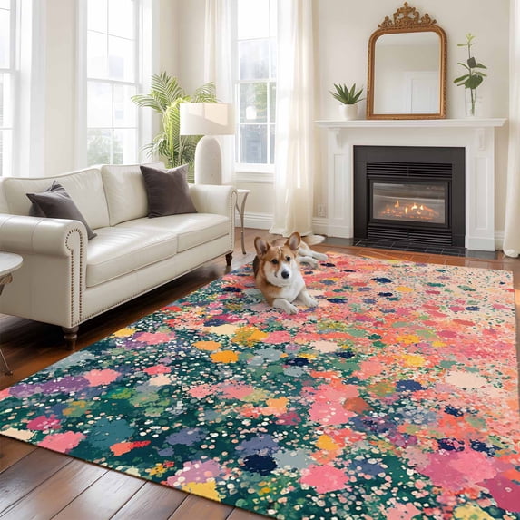 Oil Painting Area Rugs 5x7 ft Retro Art Gorgeous Pink Art Texture Sense Washable Rug Non Slip Indoor Carpet Absorbent Floor Mat for Living Room Bedroom Dining Room