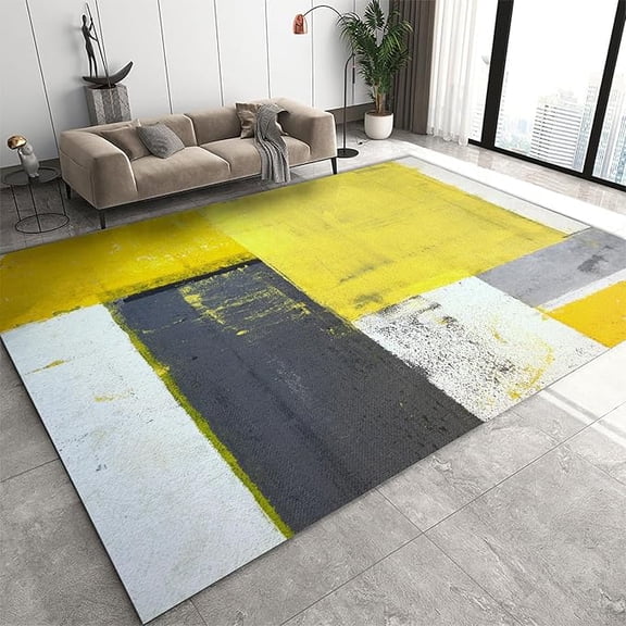 Oil Painting Art Aesthetics Kids Nursery Rug, Yellow And Gray Smear Area Rugs, Anti-slip Washable Foldable Carpet Mat For Living Room Bedroom Entryway Hallway Dining Playroom 5 x 8ft