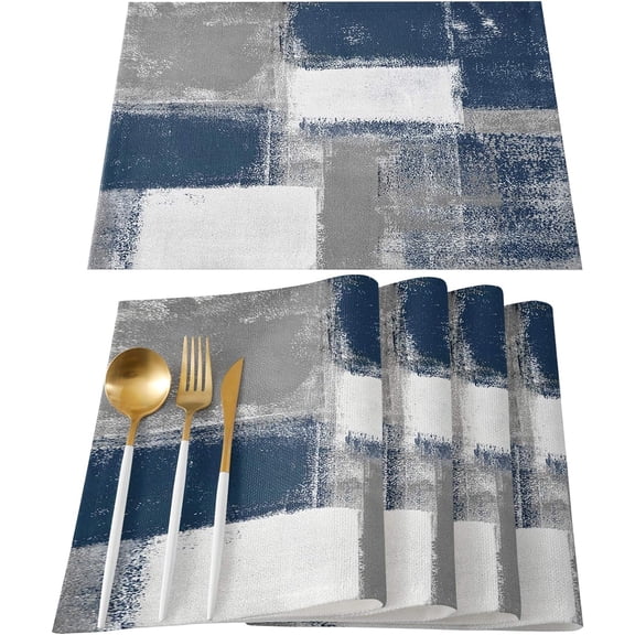 Oil Painting Art Blue Indoor Placemats Set of 6, Abstract Gray Geometric, Non-Slip/Wipe Clean Linen Dining Table Mat Set, Heat-Resistant Table Liner For Holiday/Party/Outdoor, Table Decoration