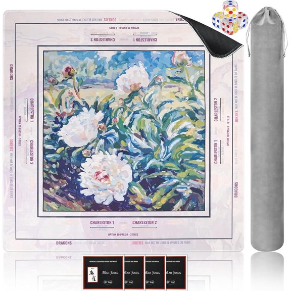 Oil Painting Art Mahjong Mat 32.6"x32.6" – Non-Slip Rubber Table Cover with Dice, Manual & Velvet Bag, Noise Reducing for Poker, Board, Card Games & Dominoes