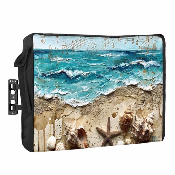 Oil Painting Beach Waterproof Outdoor TV Cover, Ocean Wave Starfish Shell Musical Notation Outside Weatherproof TV Enclosures for 70 to 75 Inch LCD Television Shield Flat Screen Protectors