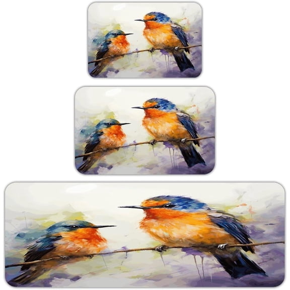 Oil Painting Bird Kitchen Rugs Sets of 3 Washable Kitchen Mats for Floor Non Slip Soft Kitchen Area Rug Anti Fatigue Kitchen Mats Farmhouse Kitchen Rugs for Laundry Desk Office