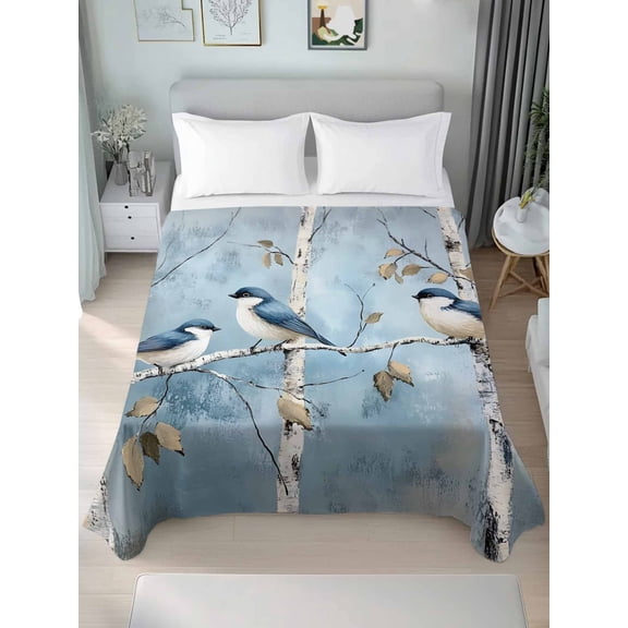 Oil Painting Birds King Size Flat Sheet, Wrinkleproof & Fadeproof Cooling Flat Bed Sheet Only, Vintage Animals Branches Breathable Soft Bedding Top Sheets 105 x 98 Inches