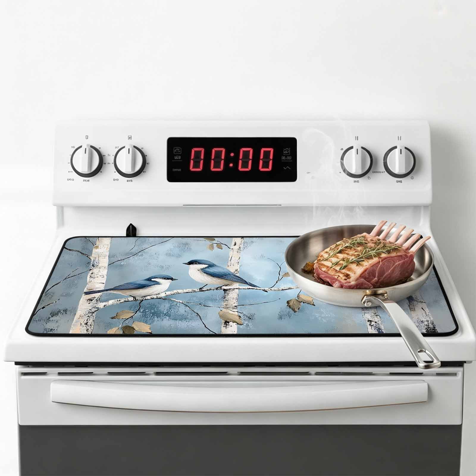 Oil Painting Birds Stove Top Cover for Electric Stove, Heat-proof & Non Slip Glass Top Stove Cover Protector, Vintage Animals Branches Kitchen Flat Cooktop Rubber Mat 31x24 Inches