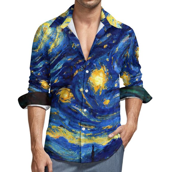 Oil Painting Blouses Mens Starry Night Shirt Long Sleeve Cool Fashion Casual Shirts Autumn Graphic Tops Plus Size 4XL