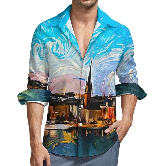 Oil Painting Blouses Mens Starry Night Shirt Long Sleeve Cool Fashion Casual Shirts Autumn Graphic Tops Plus Size 4XL
