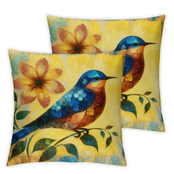 Oil Painting Blue Robin Bird Throw Pillow Covers Yellow Background Lovely Animal with Pattern Decorative Cushion Case for Sofa (Blue Robin Bird)