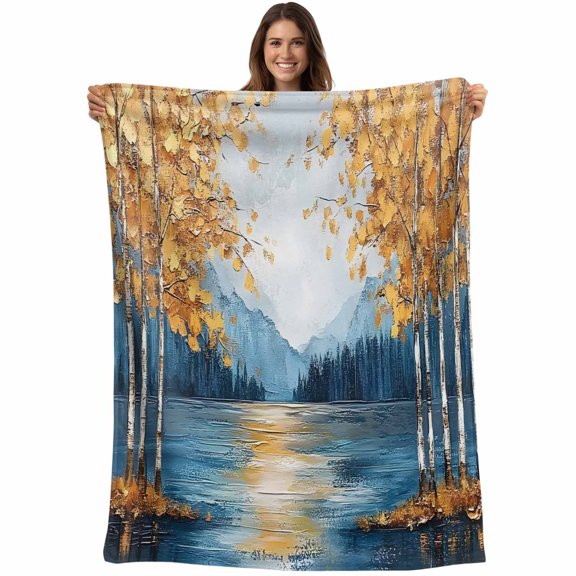 Oil Painting Blue Yellow Blanket Soft Cozy Warm Throw Blanket for Couch, Plush Fuzzy Flannel Fleece Blankets for Sofa, Modern Tree Art Hand-painted Bed Blankets Lightweight Gifts for Women, 30"x40"