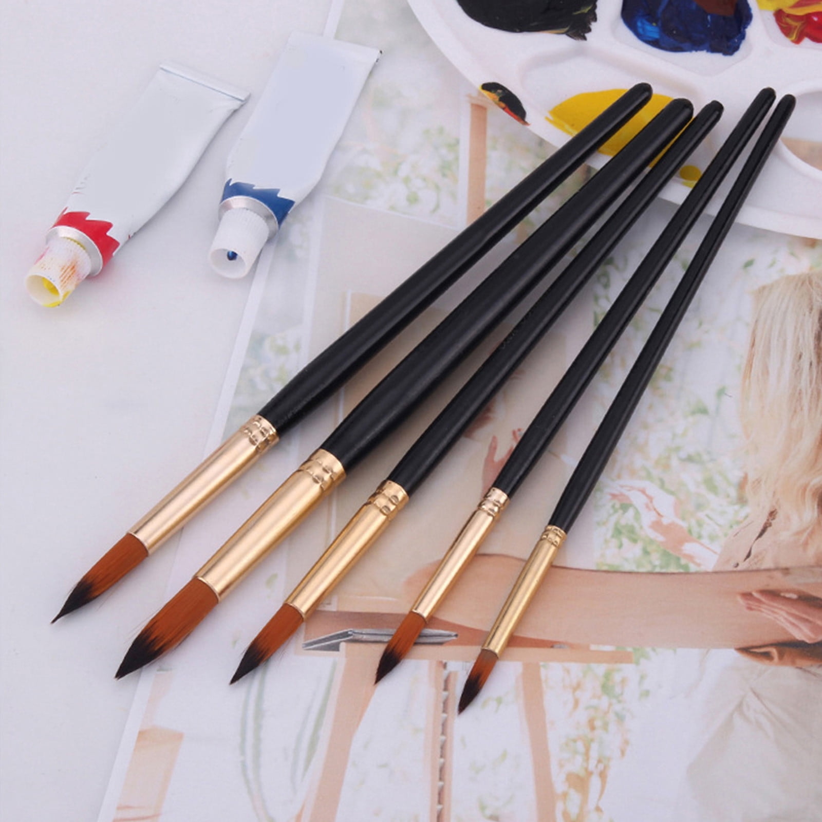 Oil Painting Brushes Set, 5-Piece Nylon Hair Brushes, Acrylic & Oil