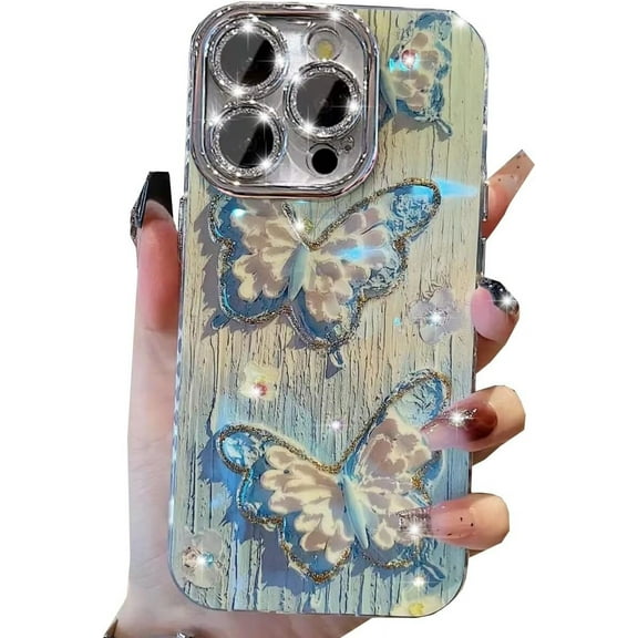 Oil Painting Butterfly Case for iPhone 15 Pro Max, Cute Glitter Bling Sparkly Diamond with Camera Lens Protector Soft TPU Bumper Shockproof Women Girls Phone Case for iPhone 15 Pro Max (Pink)