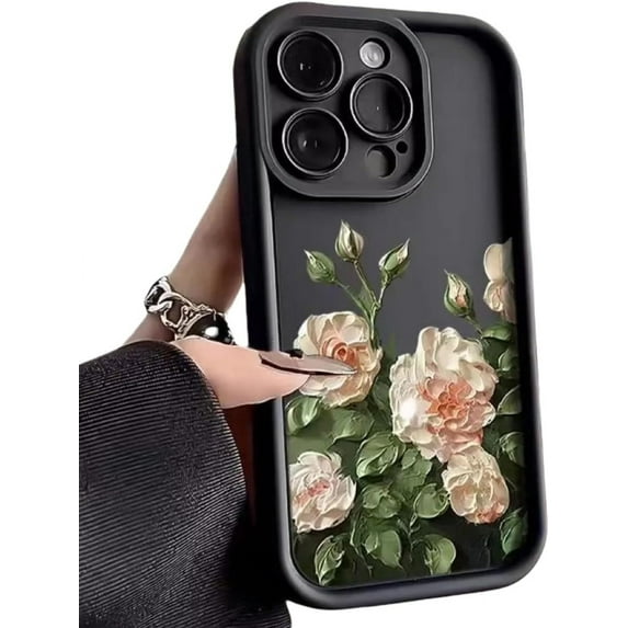 Oil Painting Camellia Pattern All-Inclusive Phone case, Cute and Small Fresh, wear-Resistant, for iPhone 15 14 13 12 11 Pro Max Plus XS XR 7 8 Phone Case (Black,iPhone 15)