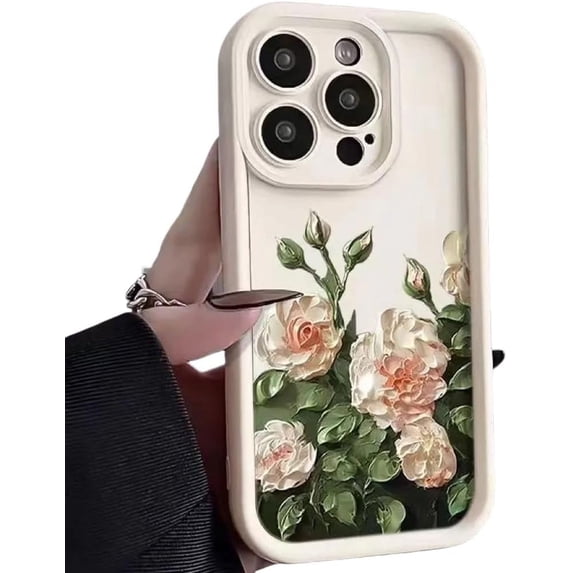 Oil Painting Camellia Pattern All-Inclusive Phone case, Cute and Small Fresh, wear-Resistant, for iPhone 15 14 13 12 11 Pro Max Plus XS XR 7 8 Phone Case (White,iPhone 15 Plus)