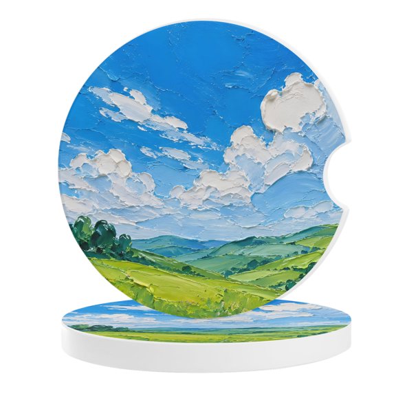 Oil Painting Car Coasters for Cup Holders Set of 2 Absorbent, 2.56" Ceramic Drinks Cupholder Coasters with Finger Notch Farmhouse Spring Mountain Nature Landscape Auto Interior Accessories for Women