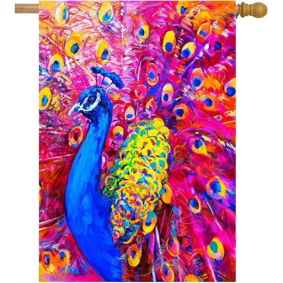 Oil Painting Colorful Feathers Beautiful Peacock Animal House Flag 28" x 40" Double Sided Polyester Welcome Large Yard Garden Flag for Patio Lawn Home Outdoor Decor