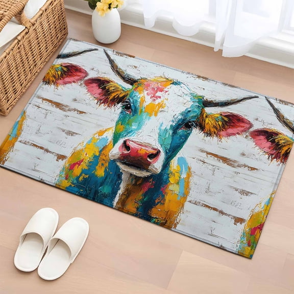 Oil Painting Cow Bathroom Rug Washable 2x3 Entryway Rug Non Slip Country Abstract Colorful Animals Front Door Mat Low Pile Indoor Doormat Throw Floor Carpet for Kitchen Bedroom Entrance