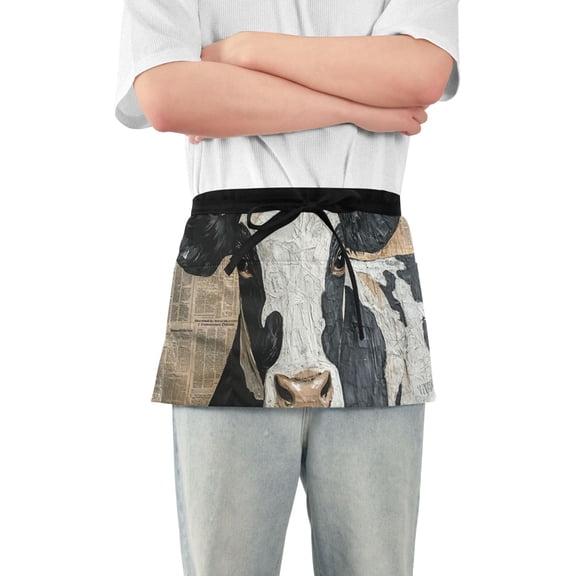 Oil Painting Cow Newspaper Backgound Short Server Apron with 3 Pockets for Unisex Chef Gardening