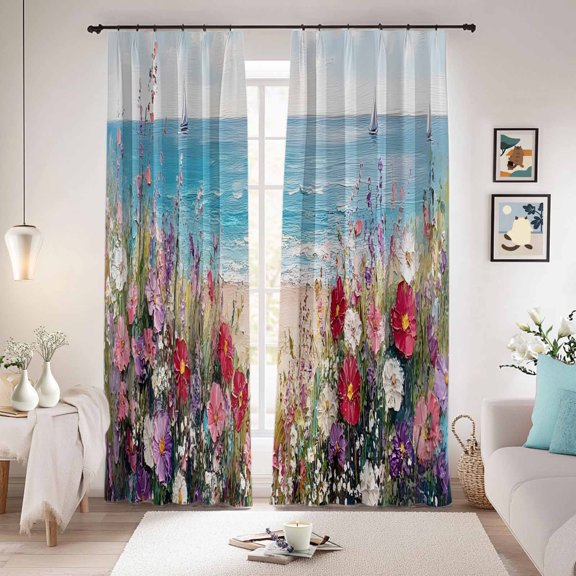Oil Painting Floral Blackout Curtains for Bedroom/Living Room, Pinch Pleated Black Out Curtains, Summer Beach Coastal Art Room Darkening Window Drapes with Hooks 2 Panels, 39"x70"