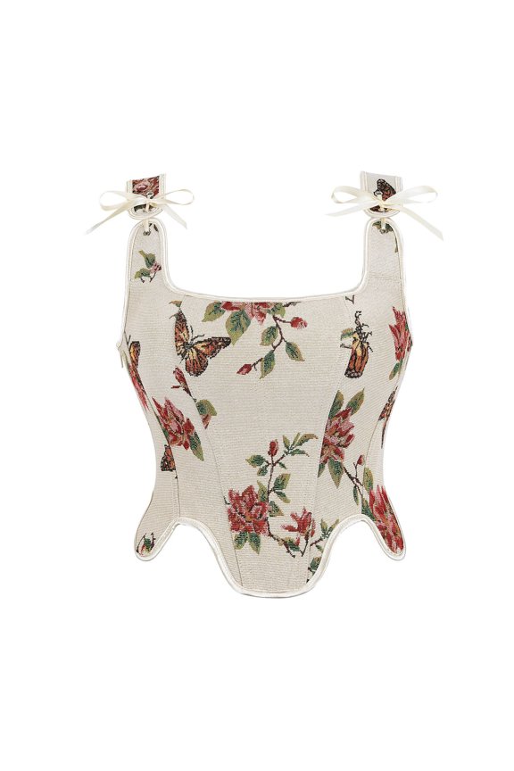 Oil Painting Floral Irregular Hem Back Strap Fishbone Corset, Tummy Control Bustier Camisole Tank Top Hourglass Shapewear Beige S