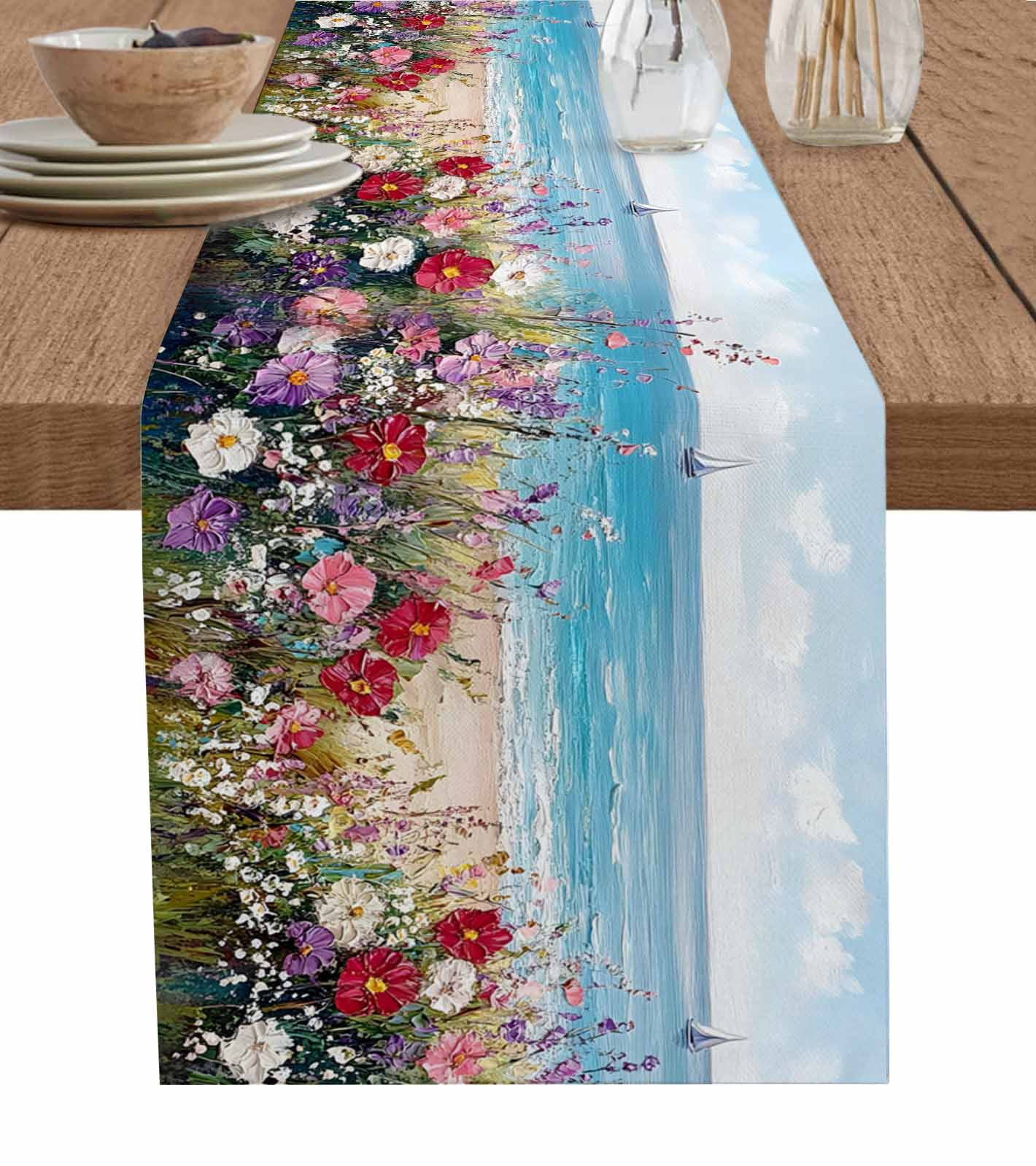 Oil Painting Floral Table Runner 90 Inches, Summer Beach Coastal Art ...