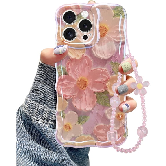 Oil Painting Flower Compatible with iPhone 12 Pro Max Case, with Bracelet Chain, Colorful Retro Floral Cute Curly Wave Frame Women Girls Cover for Apple 12 Pro Max (Pink)