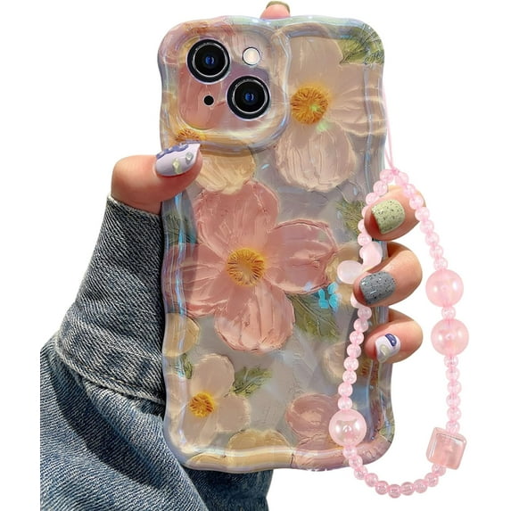 Oil Painting Flower Compatible with iPhone 14/15 Plus Case, with Bracelet Chain, Colorful Retro Floral Cute Curly Wave Frame Women Girls Cover for Apple 14/15 Plus (Pink)