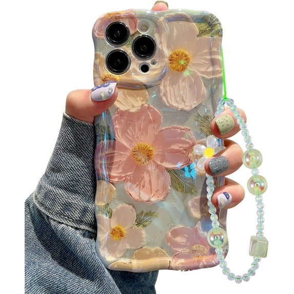 Oil Painting Flower Compatible with iPhone 15 Pro Max Case, with Bracelet Chain, Colorful Retro Floral Cute Curly Wave Frame Women Girls Cover for Apple 15 Pro Max (Green)