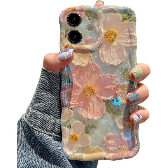 Oil Painting Flower Compatible with iPhone 15 Case, Colorful Retro Floral Cute Curly Wave Frame Women Girls Cover for Apple 15 (Green)