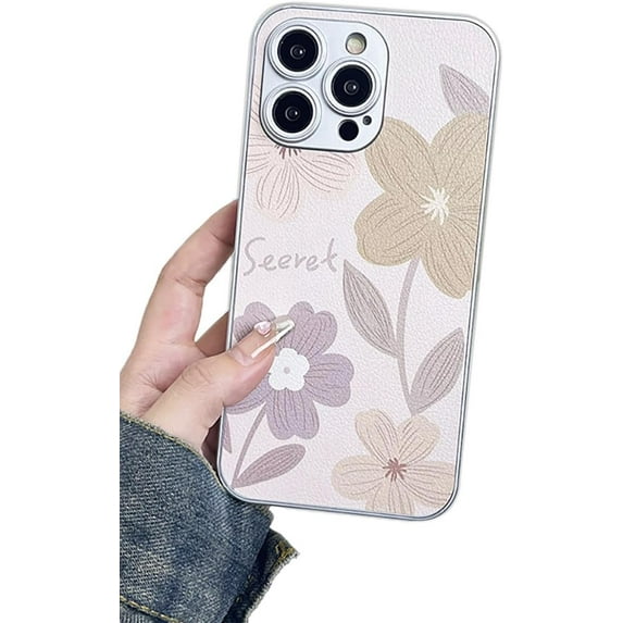 Oil Painting Flower Leather Plating Edge Soft for iPhone Case (Beige,iPhone 15 Pro)