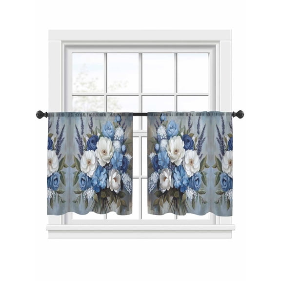 Oil Painting Flower Sheer Curtains 2 Panels Set Blue White Hydrangeas Peony Sheer Window Curtains Light Filtering Rod Pocket Voile Drapes for Bedroom Living Room 52"x45"