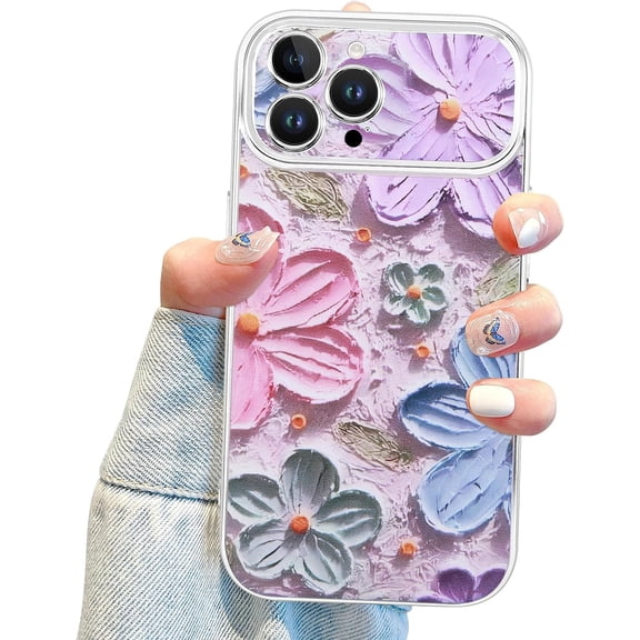 Oil Painting Flower for iPhone 15 Pro Max Case, Large Window Camera Protector Colorful Retro Floral Cute Case for Women Girl