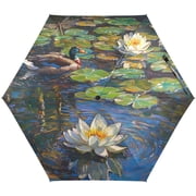 Oil Painting Flowers Umbrellas for Sun Auto Open Close UV50+ Waterproof 5-Fold Compact Fiberglass Frame