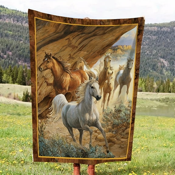 [Oil Painting Gift Blanket For All] 1pc Gift Blanket For Friends Oil Painting Horse Pattern Soft Blanket Flannel Blanket For Couch Sofa Office Bed Camping Travel
